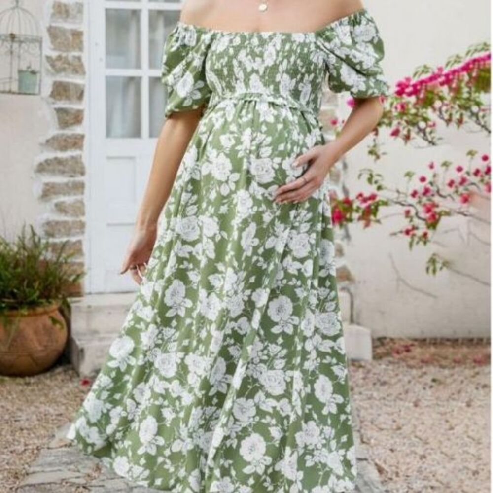 Women’s Green Floral Maternity Dress Puff Sleeve Square Neck Size XXL NWT